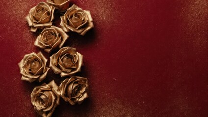 Elegant flat lay of metallic gold roses on a rich maroon background.