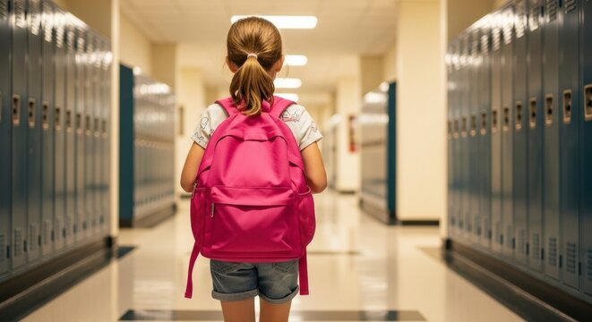 School Corridor: A young student confidently strides down a school corridor, carrying a vibrant backpack. - Powered by Adobe