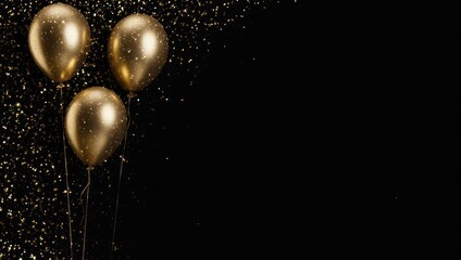 Elegant Golden Balloons on Black Background with Confetti.