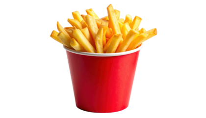Golden Crispy French Fries in Red Paper Cup Isolated on Pure White Background