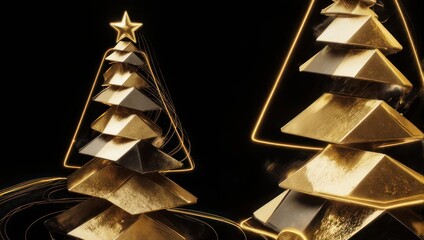 Elegant Golden Christmas Trees on Black Background.