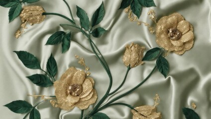 Elegant golden roses and green leaves on a satin background.