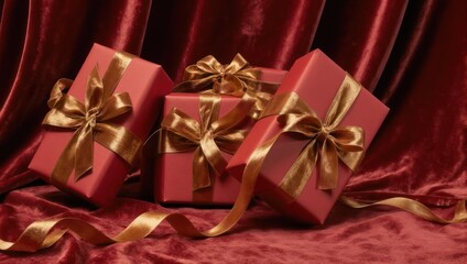 Elegant Red Gift Boxes with Golden Ribbons on Red Fabric.