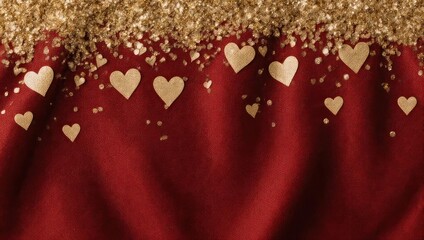 Elegant Red Fabric with Golden Hearts and Glittering Accents.