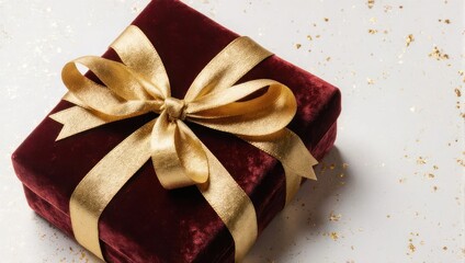 Elegant Red Velvet Gift Box with Golden Ribbon on White Background.