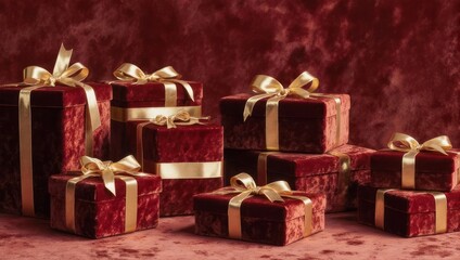 Elegant Red Velvet Gift Boxes with Golden Ribbons and Bows.