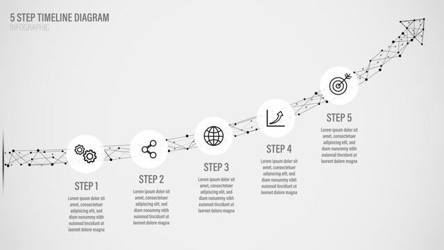 Abstract 5-step timeline diagram with dotted line arrow, connecting points, and business icons for progress, technology, and success.