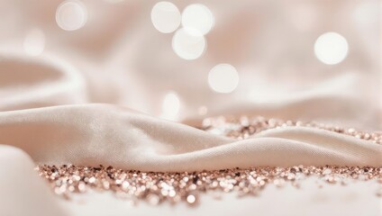 Elegant Rose Gold Glitter and Silk Fabric with Bokeh Lights.
