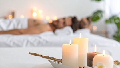 Lit candles create a romantic, tranquil atmosphere for a couple relaxing on a spa bed, emphasizing wellness and luxury treatment.
