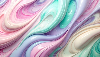 Pastel marble swirl with pink, mint, lavender, and cream tones, glossy surface, soft gradient lighting, artistic fluid texture, seamless top view
