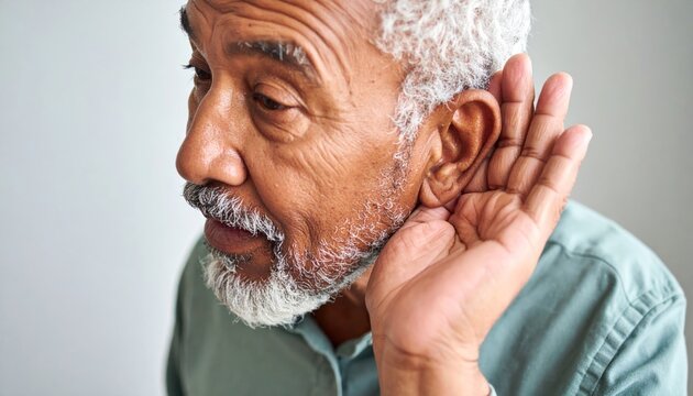 Close-up of an elderly man cupping his hand to his ear, listening intently, symbolizing hearing difficulty or active listening.