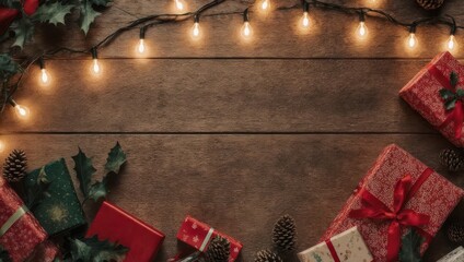 Festive Christmas background with gifts and lights on wooden surface.