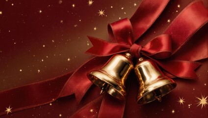 Festive Christmas Bells Adorned with Red Ribbon and Glittering Background.