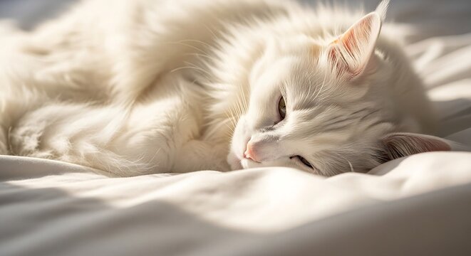 Sleeping cat on bed a fluffy white cat curled up on a comfortable bed bathed in soft light ideal for pet care blogs and animal lovers. - Powered by Adobe