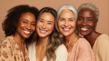 Obraz premium Diverse Women Celebrate Beauty and Friendship With Glowing Smiles in Warm, Natural Tones