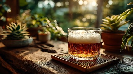 Cold beer mug on handcrafted bamboo coaster high resolution picture