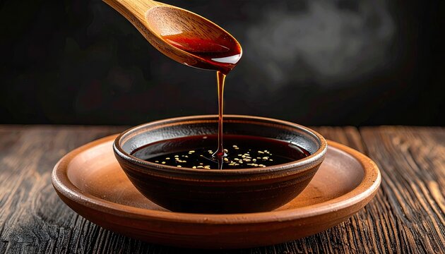 Close-Up of Soy Sauce Pouring from Wooden Spoon Into Ceramic Bowl on Wooden Surface - Powered by Adobe