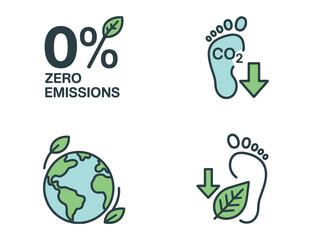Icons representing zero emissions, carbon footprint reduction, and earth friendly