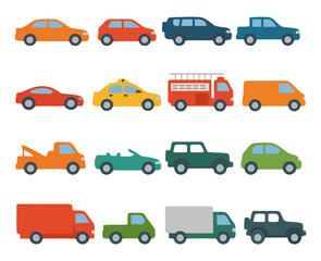 Fototapeta premium Assorted Car Collection: A collection of various car illustrations, each showcasing unique designs, colors, and styles. Explore the diverse world of vehicles, from compact cars to utility trucks.