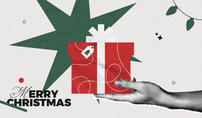 Trendy Halftone Collage Merry Christmas and New Year poster. Women's hand holds red gift box. Xmas present with ribbon and bow. Party celebration. Paper texture. Contemporary vector illustration art