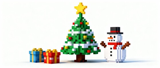 Naklejka premium 3D pixel art video game style Christmas tree snowman gifts white background for design projects - AI genereted