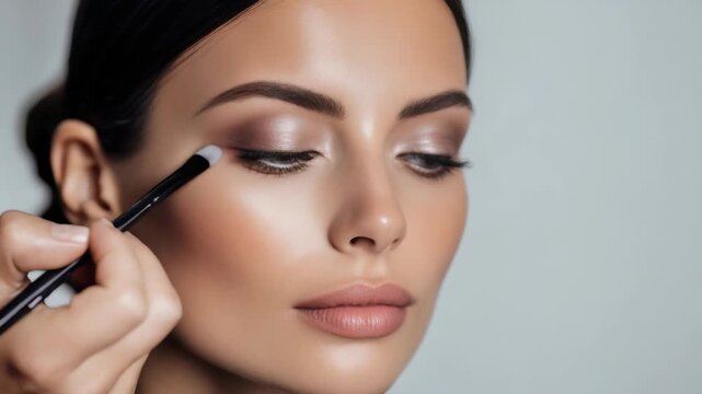 A skilled hand uses a brush to create a stunning eyeshadow look on a model with glowing skin and sculpted cheekbones. This image highlights contemporary makeup artistry and elegant beauty trends