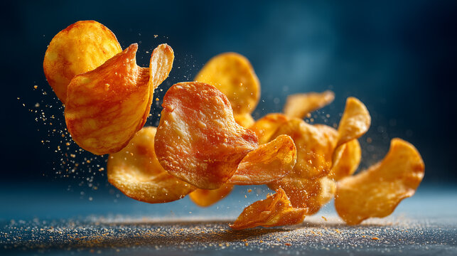 Golden-brown potato chips and seasoning dust floating, flying, and falling through the air, on blue background.