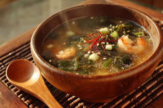 Bowl filled with traditional Japanese Miso Soup, generously garnished with sea moss or seaweed.
