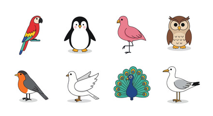 Cartoon birds collection in various colors and poses isolated on white