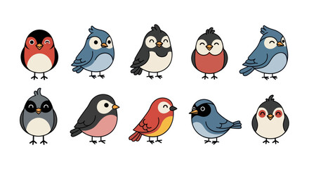 Fototapeta premium Cartoon birds collection in various colors and poses isolated on white