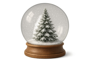 Snow globe enclosing a festive christmas tree covered in snow, creating a cozy winter holiday atmosphere with real falling snow