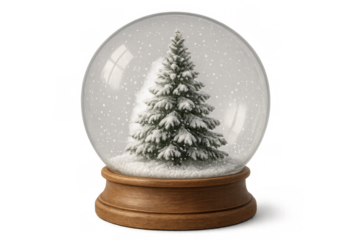 Snow globe enclosing a festive christmas tree covered in snow, creating a cozy winter holiday atmosphere with real falling snow
