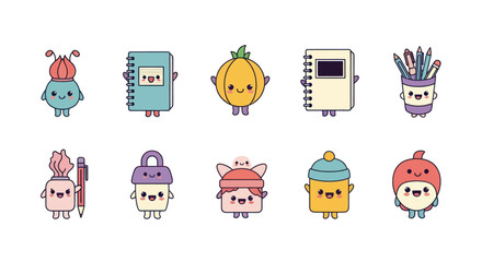 Cartoon characters collection cheerful icons of various objects on white