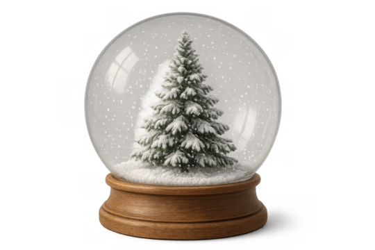 Snow globe enclosing a festive christmas tree covered in snow, creating a cozy winter holiday atmosphere with real falling snow