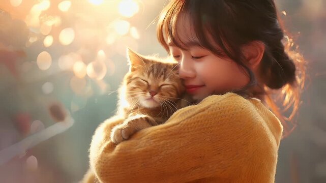 girl hugging cat in warmly lit environment with bokeh backgroundgirl and cat in close embrace, with sunlight filtering through the trees.
