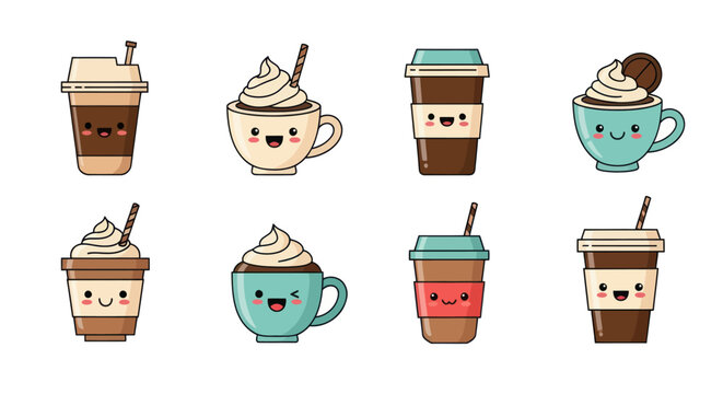 Cartoon coffee cups collection various designs and happy expressions
