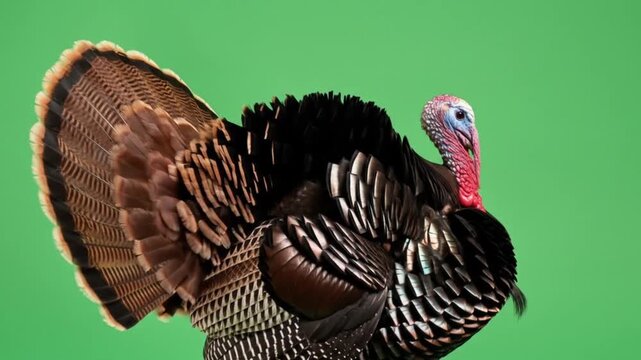 Majestic wild turkey struts displaying vibrant fanned tail feathers against a clean green backdrop, ideal for nature and seasonal projects.
