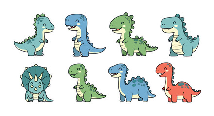Cartoon dinosaurs set in various colors isolated on white background
