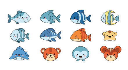 Cartoon fish collection colorful aquatic creatures in various styles