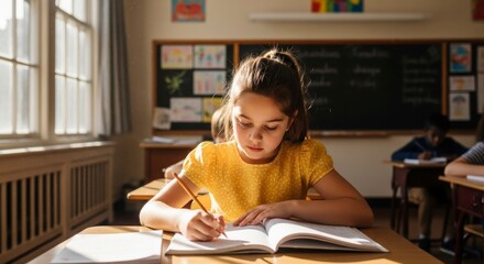 Focused Student in a Classroom: A dedicated student engrossed in her studies within a classroom, illuminated by natural light, as she carefully crafts her written work.