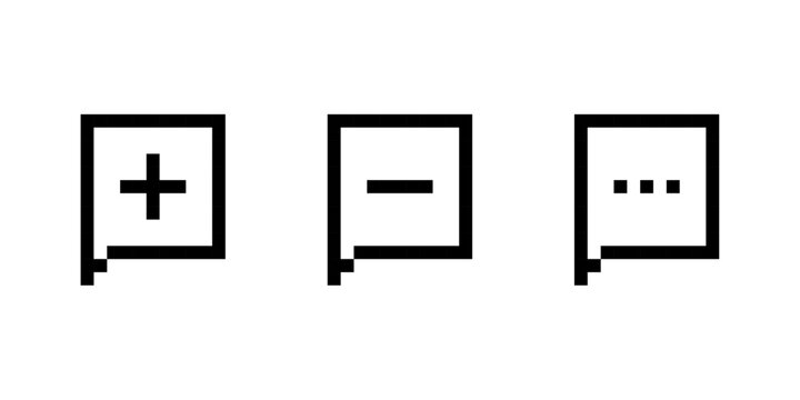 Message icons set, speech bubble icons, chat bubble symbols, add, remove, and more, pixel style, Pixel art, Vector illustration.