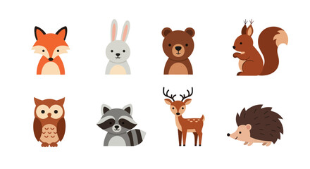 Cartoon forest animals collection fox rabbit bear squirrel owl raccoon