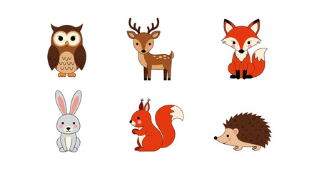 Cartoon forest animals collection owl deer fox rabbit squirrel hedgehog