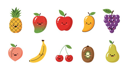 Cartoon fruits collection with happy faces on a white background