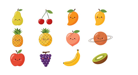 Cartoon fruits collection with happy faces on white background isolated