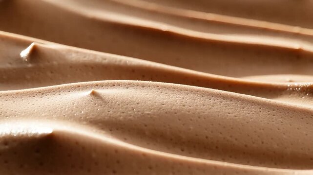 Macro shot of thick, smooth, light brown chocolate cream with piped peaks, creating a wavy texture pattern
