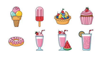 Assortment of sweet treats and drinks with colorful illustrations