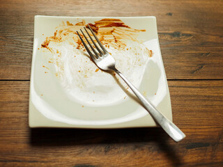 A fork is on a dirty plate. The plate is on a wooden table.