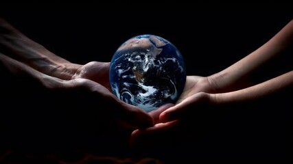 A closeup image of two hands holding a globe against a dark background. The hands are positioned in a way that suggests they are presenting or presenting the globe to the viewer. - Powered by Adobe