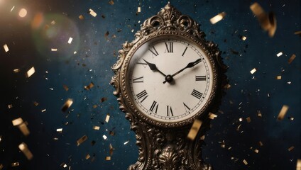 Antique Clock Striking Midnight With Confetti Falling.
